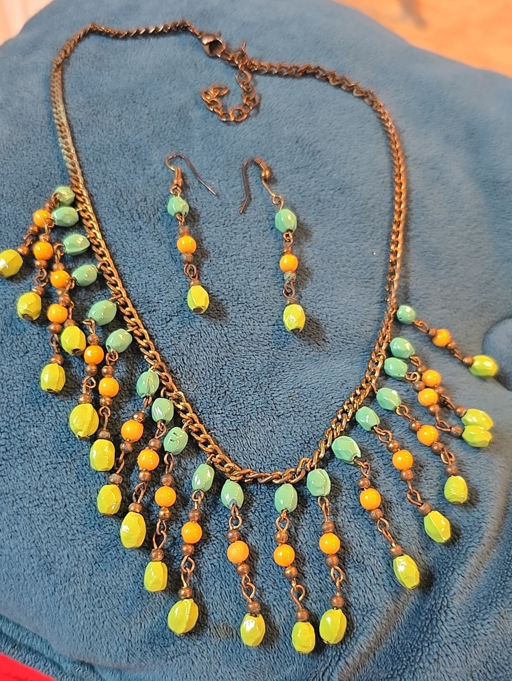 Handcrafted Green & Blue & Orange Gemstone Beaded Fringe Necklace & Earrings Set